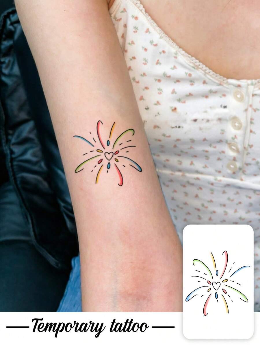 1pc Temporary Tattoo Sticker, Color Simple Line Heart Firework Pattern, Realistic Fake Tattoo Design, Suitable For Daily, Bachelorette Party Favors, Music Festivals, Cosplay, Graduation Gifts, Lasts 3-5 Days - Multicolor - View 1