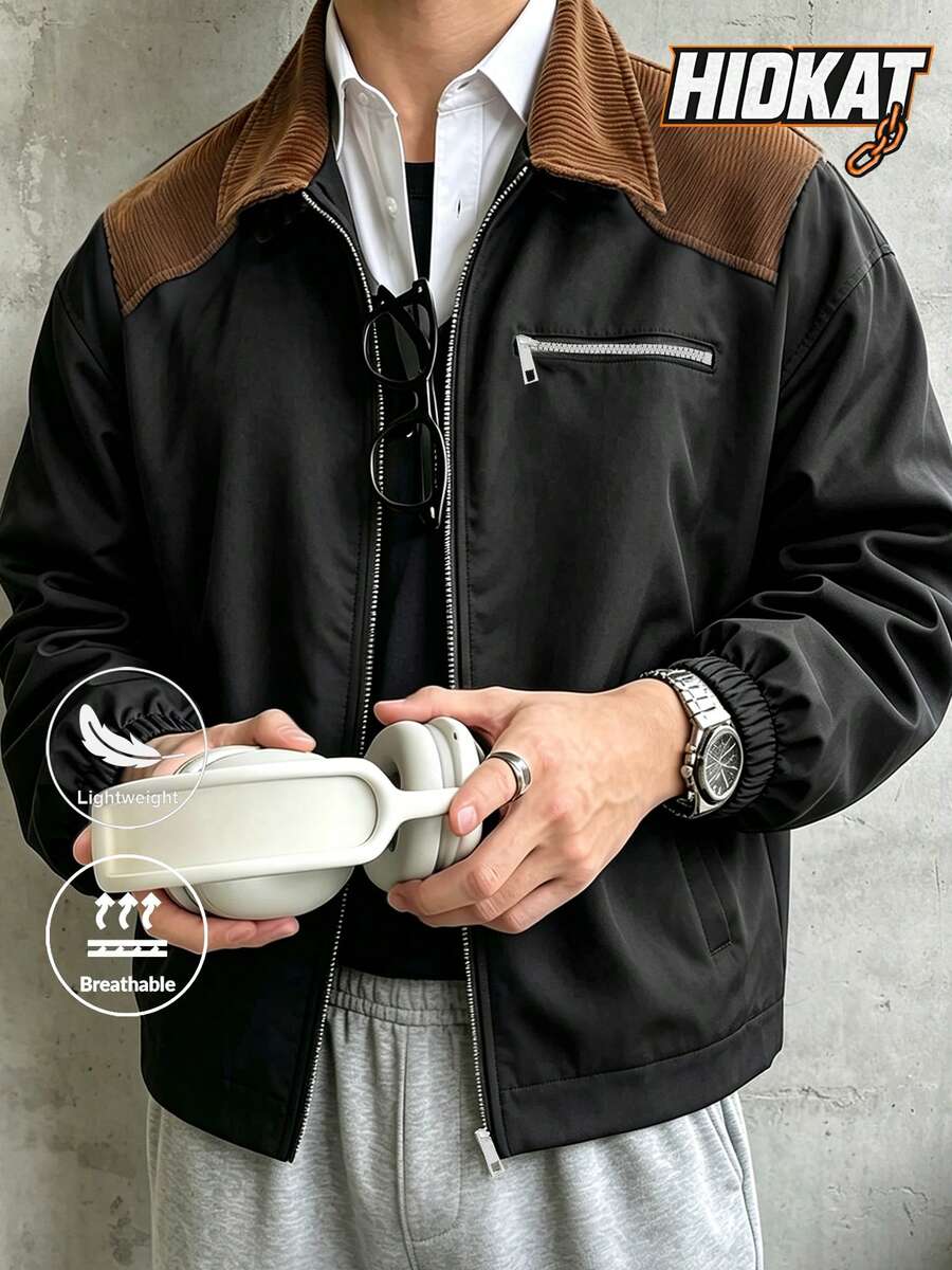 Jaket Kasual Pria Musim Semi/Gugur Serbaguna dengan Kerah Tegak dan Saku, Cocok untuk Sehari-hari, Aktivitas Luar Ruangan, Hip-Hop, dan Streetwear