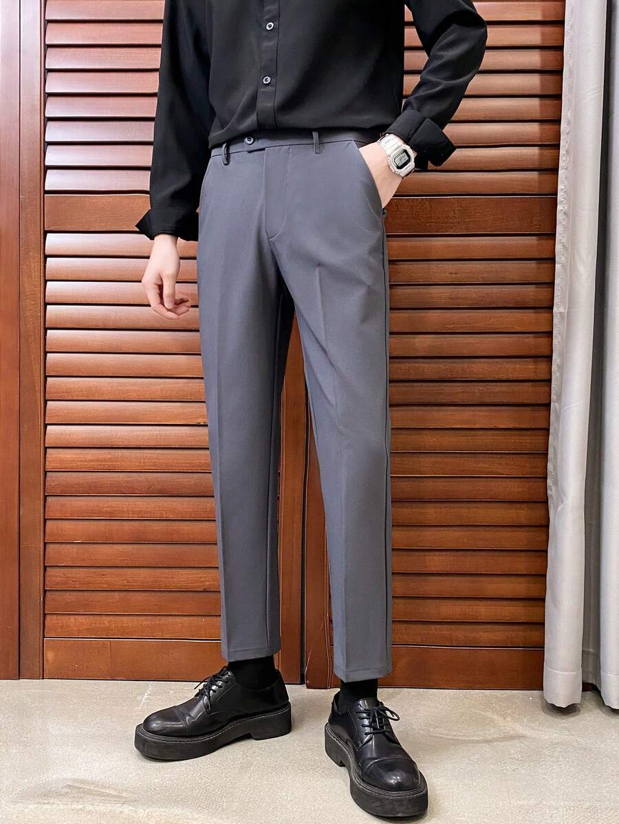 男士純色休閒日常旅行西裝長褲,附口袋 - 深灰色 - 查看 1