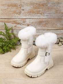 1 Pair Fuzzy High-Top Girls' Boots, Cute Functional Style With Buckle Design, Warm And Non-Slip, Suitable For Autumn/Winter, Daily Parent-Child Outings, School, Christmas New Arrival - White - View 6