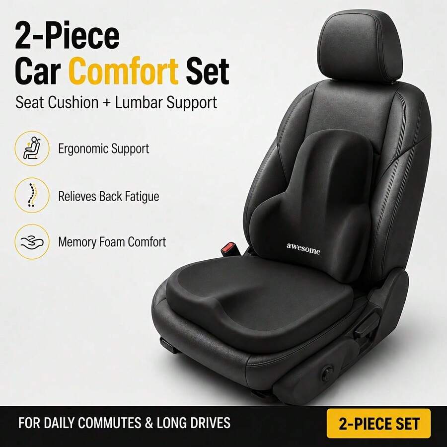 2pcs Car Seat Comfort Set, Memory Foam Lumbar Support Pillow And Ergonomic Seat Cushion, Suitable For Daily Commute And Long-Distance Driving - Lumbar Support and Seat Cushion Set - View 1