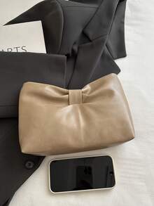 1pc Khaki Solid Color PU Pleated Envelope Clutch Bag For Women - Khaki - View 3