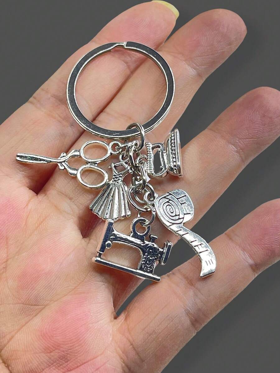 1pc Creative Sewing Machine Scissors Iron Dress Tape Measure Accessory Combination Keychain Mother's Day DIY Jewelry Gift - Multicolor - View 1