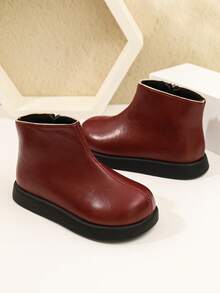 Girls' Burgundy Side Zipper Ankle Boots, Thick Sole, Soft Bottom, Simple Round Toe, Versatile Casual Kids' Shoes, Autumn/Winter New Style - Red - View 3