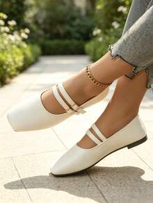 Spring/Autumn New Women's Flat White Double Buckle Square Toe Mary Jane Shoes, Versatile Daily Commute Retro Ballet Shoes - White Double Buckle Strap - View 3