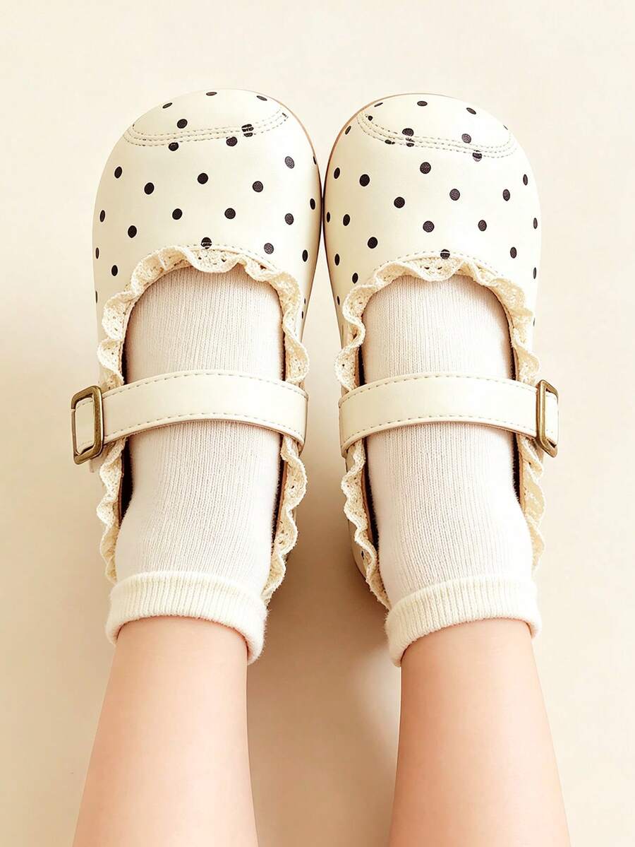 Girls Cream Polka Dot Mary Jane Shoes, Lace Ruffle Hook And Loop Strap Princess Flats, Back To School Fall Party Toddler Girls Shoes