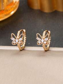 1 Pair Butterfly Cubic Zirconia Earrings For Women, Gold And Silver Dual-Color Hoop Options, Suitable For Daily Wear And Parties, Perfect Valentine's Day Gift - Butterfly - View 7