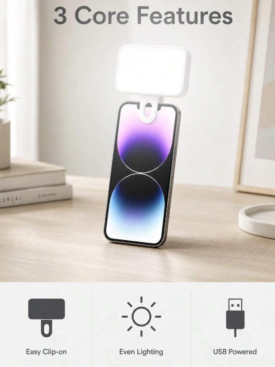 1PC Portable LED Clip On Mobile Phone Fill Light, Rechargeable, Camera Light, Mobile Phone Photography Accessories, 3 Color Temperature Adjustable Selfie Lights, Used For Live Streaming, Makeup, Video Calls, Travel, Holiday Essentials 250mAh