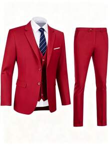 Men's 3 Pieces Suit Set, Blazer Vest And Pants, Slim Fit Formal Suit For Wedding Business Part - Burgundy - View 2