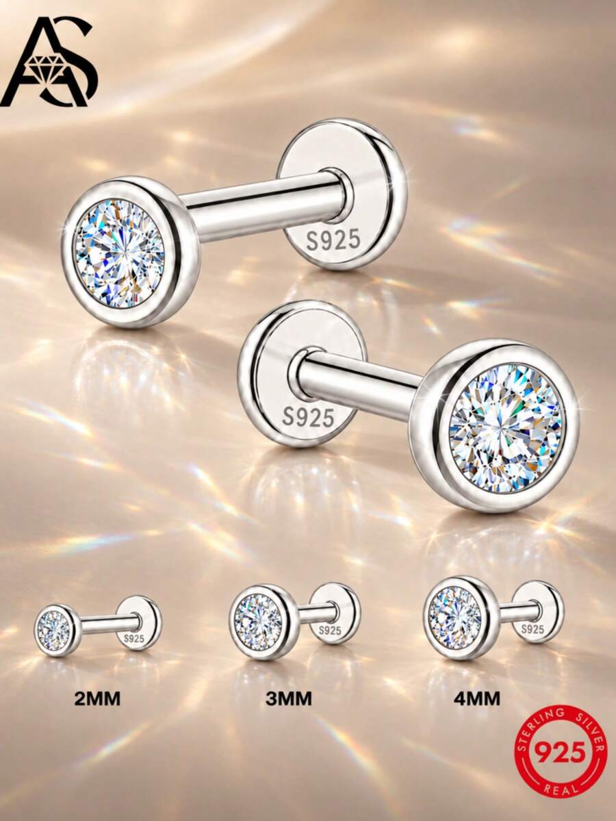 AnlaScheer 1 buah Anting Tusuk Bulat Datar, Perak Sterling 925 Hypoallergenic Perhiasan Tindik Telinga Tulang Rawan Helix Conch Berulir, Gaya Wanita