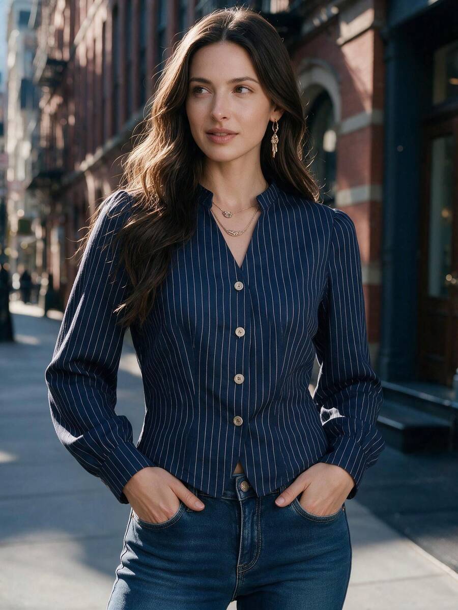 Women Vertical Striped Ruffle Cuff Shirt Button Down Casual V Neck Tops For Going Out Dating Daily Commuting - Blue - View 1