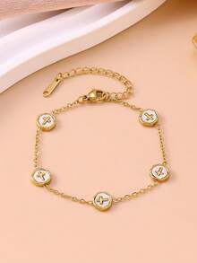 Vintage Enamel Round Disc Bracelet, 18K Gold Plated Stainless Steel, Classic Logo Chain Jewelry For Women - Cross Bracelet - View 5