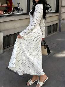 Women's White Black Polka Dot New Spring/Summer Stand Collar Short Sleeve Long Dress, Ruched Waist, Flared Hem, Soft Fabric - White - View 2