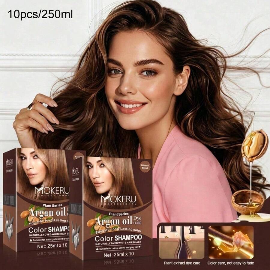 MOKERU 250ml/10pcs Pewarna Rambut - Sampo Pewarna Rambut Cepat - Tersedia dalam Warna Cokelat Muda, Cokelat Tua, dan Hitam - Mengandung Berbagai Bahan Alami - Menciptakan Warna Rambut yang Indah - Menutupi Uban dengan Sehat - Cocok Digunakan Sepanjang Tahun