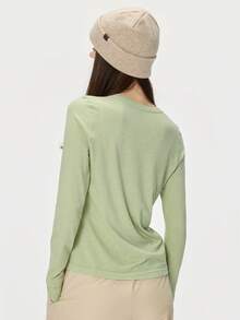 Leorrey 1pc Women's Fashion Wool Round Neck Ribbed Patchwork Double Layer Cuff Street Style Yoga Pilates Running Fitness Workout Long Sleeve Sports T-Shirt - Green - View 6