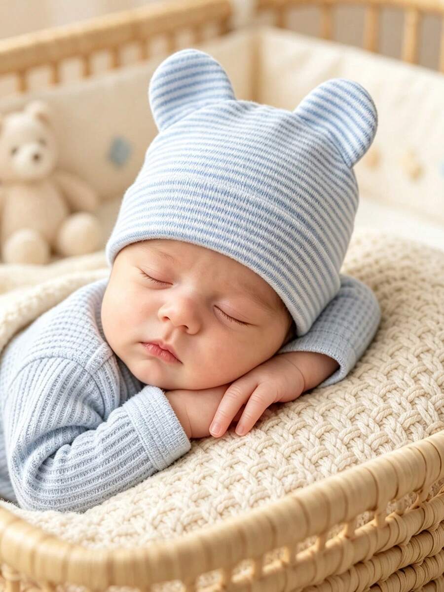 1Pc Striped Newborn Baby Beanie Bonnet Cute Ear Shape Knit Infant Hat Winter Baby Bonnet Newborn Baby Essentials For Daily Wear Baby Shower Gift - Multicolor - View 1