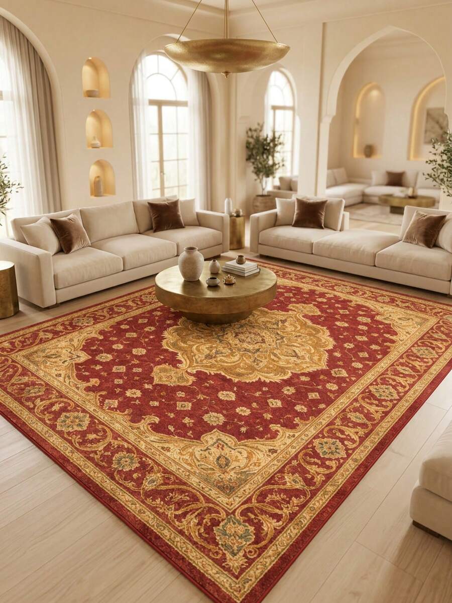 1PC Burgundy & Gold Classical Floral Area Rug, European Palace Style Faux Cashmere Rectangular Vintage Totem, Machine Washable For Living Room Bedroom Daily Home Decor, Aesthetic Home Decoration - Multicolor - View 1