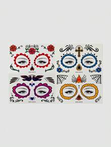 4pcs Day Of The Dead Temporary Face Tattoo Stickers, Sugar Skull Floral Cross Bird Candle Spider Web Face Decals, Colorful Mexican Festival Face Stickers, Suitable For Day Of The Dead, Party Makeup - Multicolor - View 7