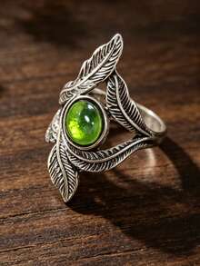 1pc Vintage Feather-Shaped Inlaid Synthetic Emerald Ring, Bohemian Leaf-Shaped Alloy Personalized Accessory - Silver - View 1