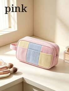 1pc Personalized Custom Name Corduroy Makeup Bag, Large Capacity Macaron Color Block Patchwork Travel Storage Bag With Thickened Handle, Custom Pencil Case, Back To School Gift - Multicolor - View 10
