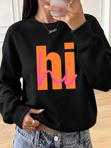 Plus-Size Women's Fashion Crew Neck Sweatshirt, Orange And Pink Color-Blocked "Hi" Graphic Print, A Casual Street Style Top For Autumn And Winter. - Black - View 3