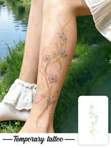 1pc Temporary Tattoo Sticker, Light Blue Small Flowers With Twisted Vine Line Pattern, Realistic Fake Tattoo Design, Suitable For Daily, Bachelorette Party Favors, Music Festivals, Cosplay, Graduation Gifts, Lasts 3-5 Days - Multicolor - View 1