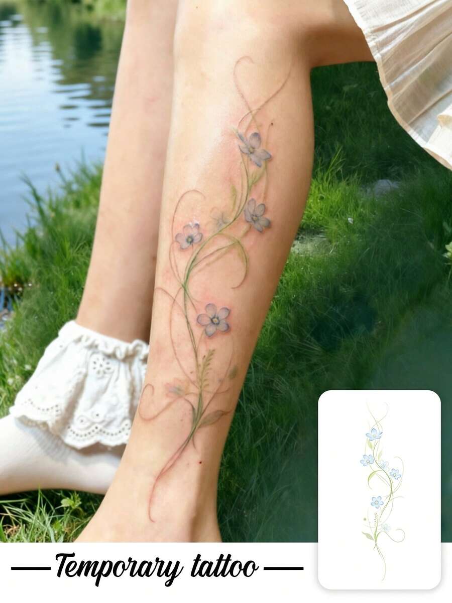 1pc Temporary Tattoo Sticker, Light Blue Small Flowers With Twisted Vine Line Pattern, Realistic Fake Tattoo Design, Suitable For Daily, Bachelorette Party Favors, Music Festivals, Cosplay, Graduation Gifts, Lasts 3-5 Days - Multicolor - View 1
