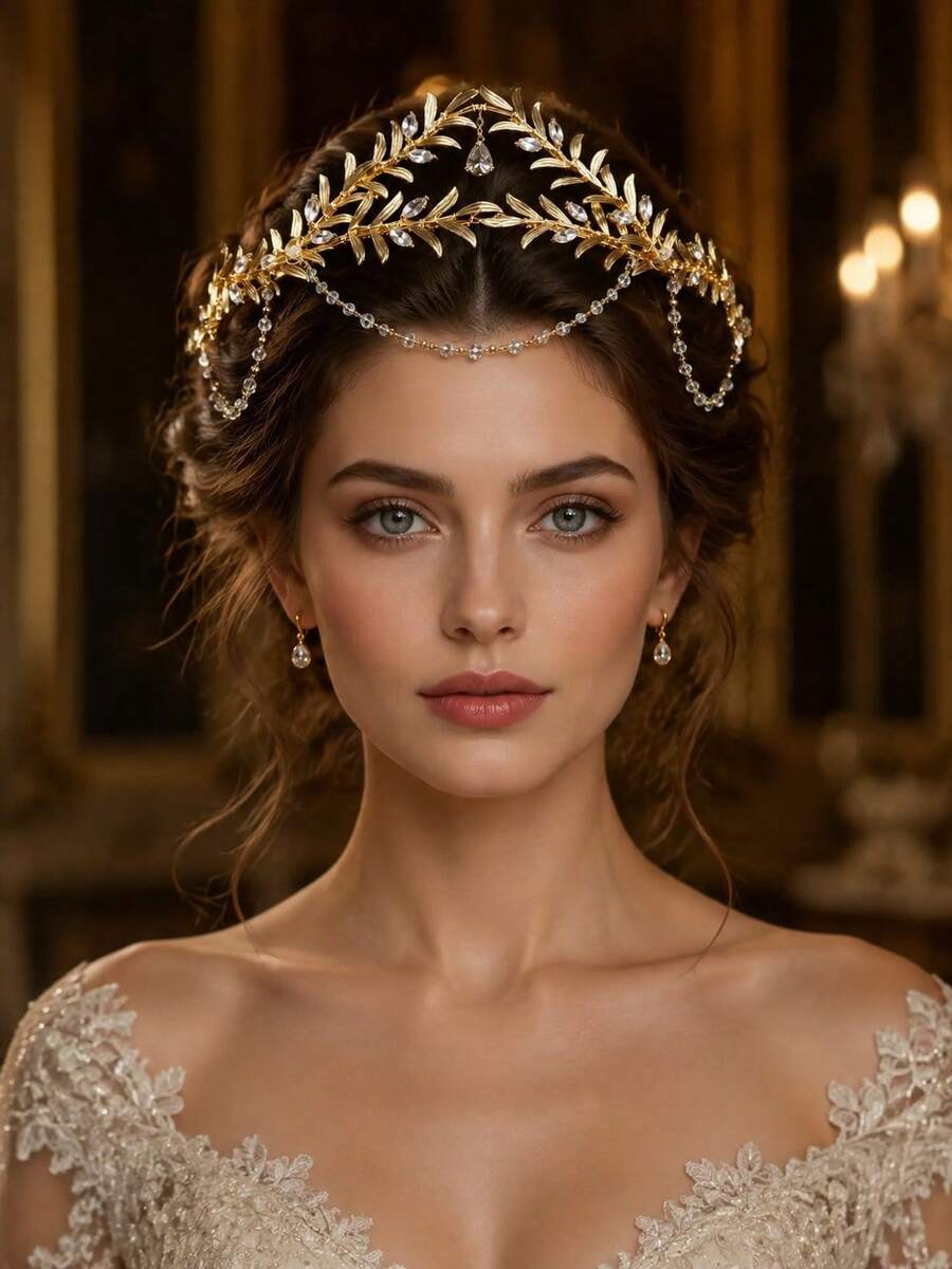 Gold Leaf Water Drop Crystal Rhinestone Forehead Hair Chain, Bohemian Greek Goddess Bridal Headpiece, Crown, Wedding Hair Accessory, Suitable For Ball, Party, Pageant - Multicolor - View 1
