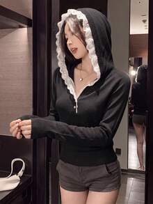 Korean Style Soft Lace Patchwork Hooded Knit Sweater, Raglan Sleeve Half-Button V-Neck Slimming Long Sleeve Top For Women - Black - View 1