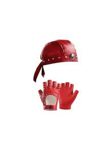 Women's Punk Rivet Faux Leather Skull Headband + Fingerless Motorcycle Gloves Set, Adjustable Durag, Y2K Motorcycle Hip Hop Cosplay - Multicolor - View 14