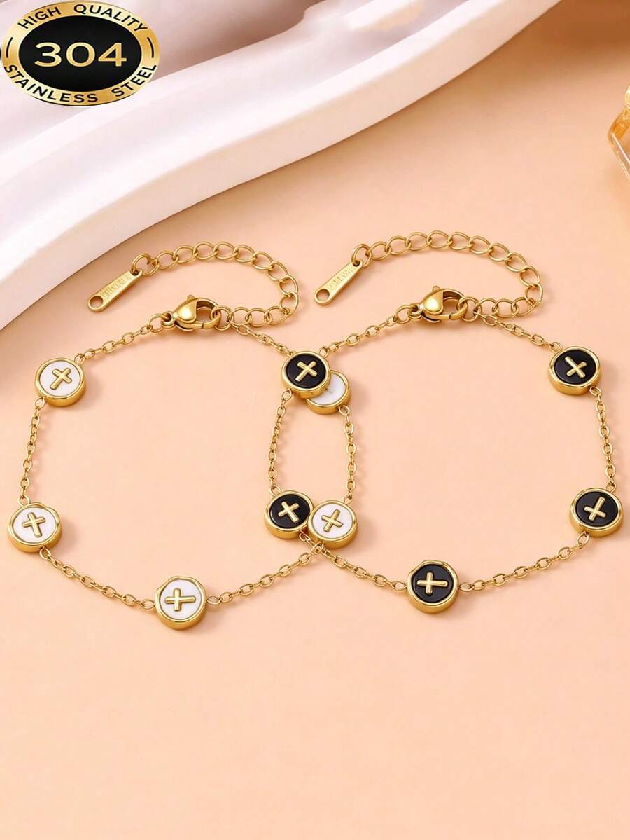 Vintage Enamel Round Disc Bracelet, 18K Gold Plated Stainless Steel, Classic Logo Chain Jewelry For Women - Cross Bracelet - View 1