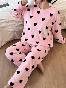 Plus Size 2 Pieces Women's Heart Print Round Neck Long Sleeve Flannel Loungewear Set, Comfortable Pajamas For Autumn/Winter - Multicolor - View 4
