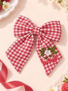 1pc Cute Red Plaid Bow Hair Clips For Kid Girls,Strawberry Embroidered Hairpins For Autumn Winter Daily,Gift,Child Girls' Checked Hair Accessory. - Multicolor - View 3