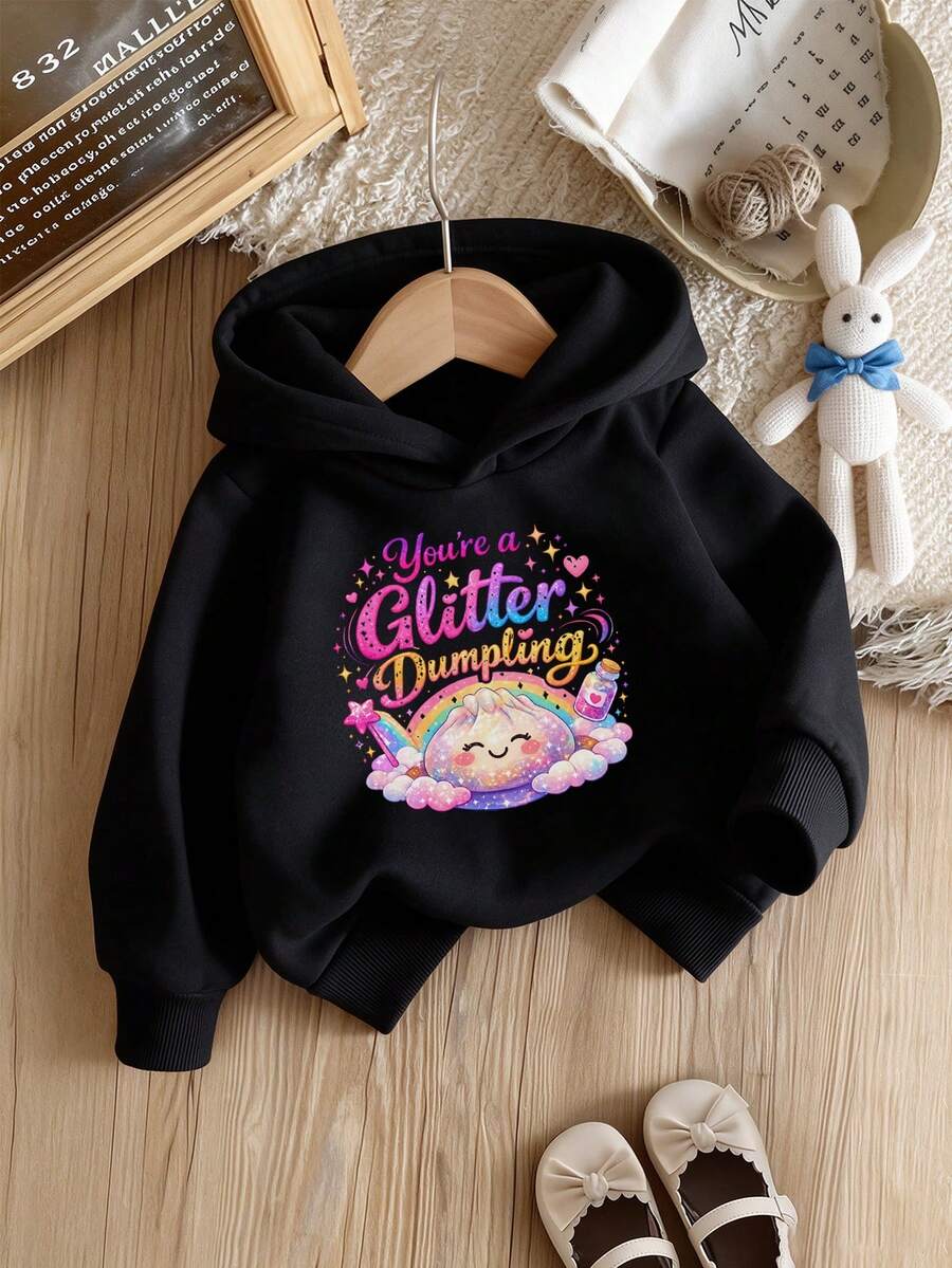 Baby Girl Cute Dumpling Rainbow Pattern Hooded Sweatshirt, Long Sleeve Pullover - Black - View 1