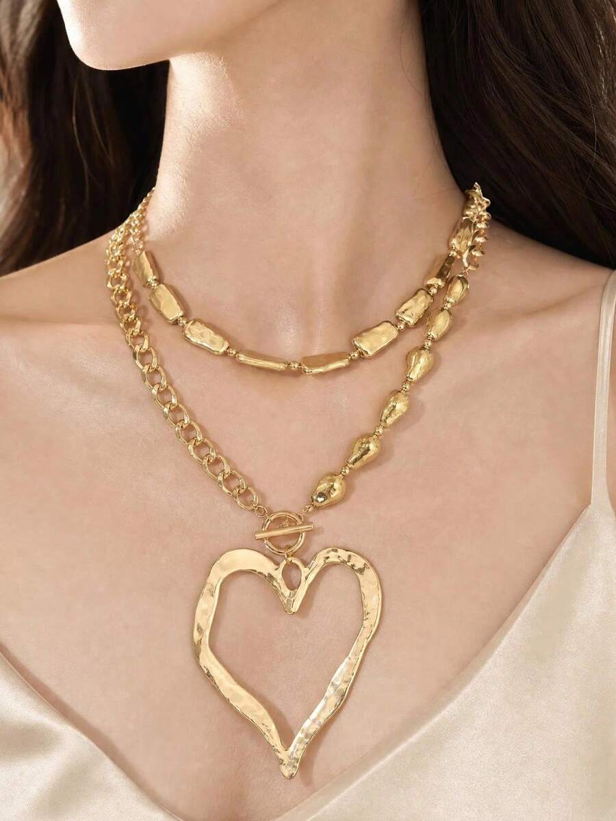 1 bộ 2 dây chuyền mặt trái tim hai lớp, chuỗi hạt ngọc trai giả phong cách Baroque thời trang cao cấp, trang sức nữ - Vàng - Xem 1