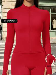 Women's Thumbhole Stand Collar Zip-Up Cropped Jacket, Slim Fit Seamless Cardigan For Running, Yoga, Pilates, Gym - Red - View 1