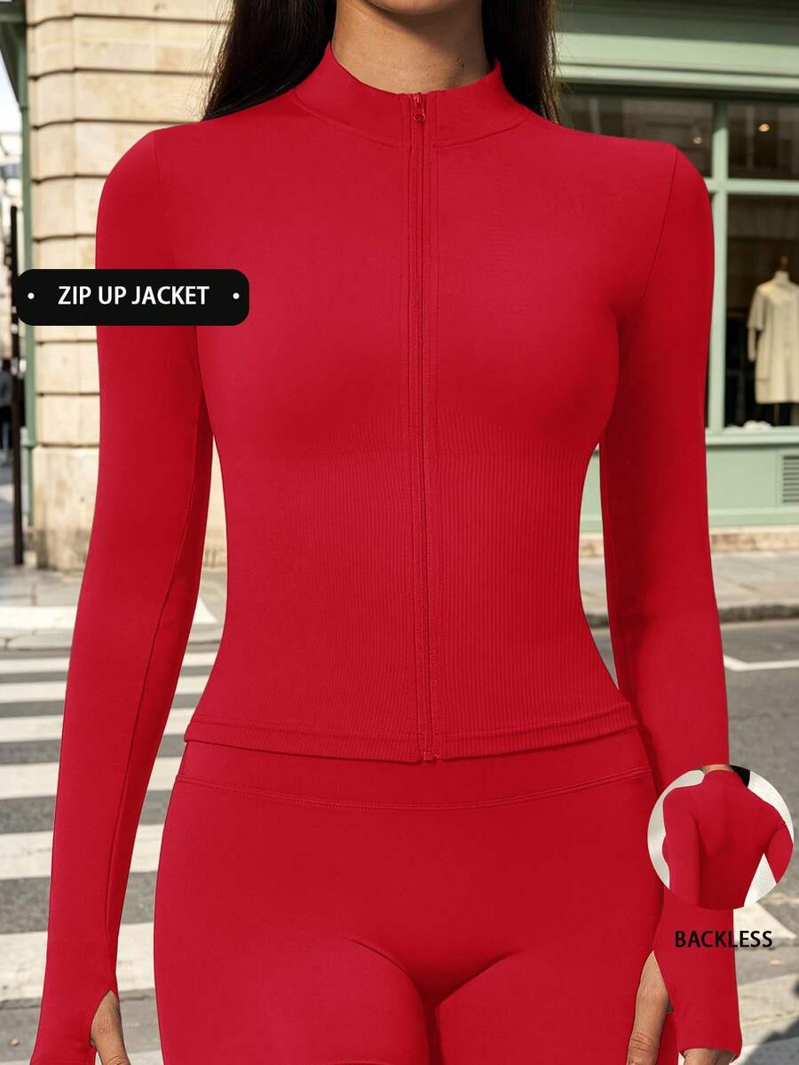 Women's Thumbhole Stand Collar Zip-Up Cropped Jacket, Slim Fit Seamless Cardigan For Running, Yoga, Pilates, Gym - Red - View 1