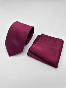 1pc Men's 8cm Textured Tie & Pocket Square 2 Pieces Set, Suitable For Wedding, Party, Groom, Business Casual, Birthday, Dinner Party - Burgundy - View 6