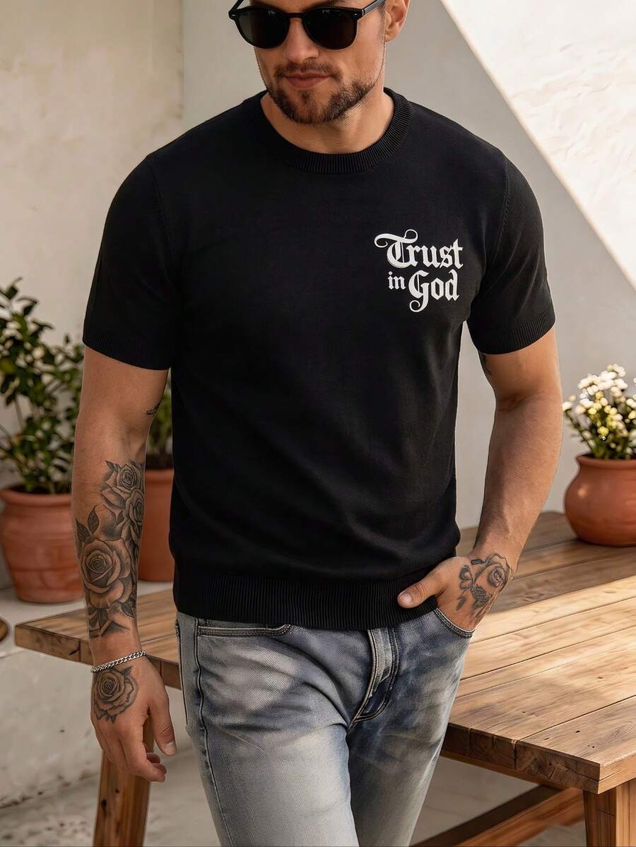 ALTZTAR Men's Crew Neck Embroidered Short Sleeve Knit Sweater - Black - View 1