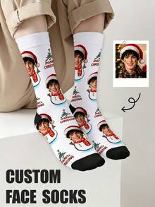 1 Pair Customized Mid-Calf Socks, Bow Tie Pattern, Customized Face Pattern Socks, Couple Socks, Customized Photo Socks, Customized Printed Socks, Personalized Funny Face Pattern Socks, Customized Image Socks, Can Print Any Face Shape On Socks, Anniversary Gift, Valentine's Day Gift, Birthday Gift, Wedding Gift, Mother's Day Gift, Father's Day Gift, Gift For Best Friend, Gift For Parents, Gift For Girlfriend/Boyfriend - White - View 1