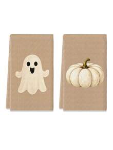 2pcs Halloween Pumpkin & Ghost Pattern Kitchen Towels, Halloween Home Decor Towels, Halloween Kitchen Decor Towels, Cute Style, Microfiber Material, Rectangular, 40*60 CM, Suitable For Home Autumn Kitchen Decor, Outdoor Party Activities, Halloween & Thanksgiving Holiday Gifts - Multicolor - View 4