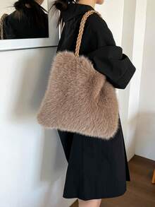 Women's Plush Shoulder Bag, Large Capacity, Versatile, Solid Color, High-End Handbag For Work And Commute - Brown - View 7