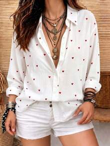 Women's Casual All Over Print Heart Button Front Shirt Collar Long Sleeve Shirt Business Office Home Vacation Holiday Spring Autumn Winter - White - View 4