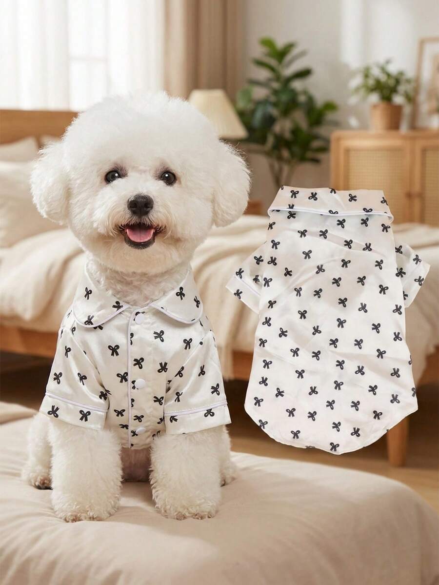 Breathable Comfortable Satin Pet Pajamas, White Base With Bow Print, Non-Stretch, Suitable For All Seasons, Fit For Small Dogs And Cats, Teddy, Bichon, Home Wear (Size Runs Small, Recommend Choosing 1-2 Sizes Larger)