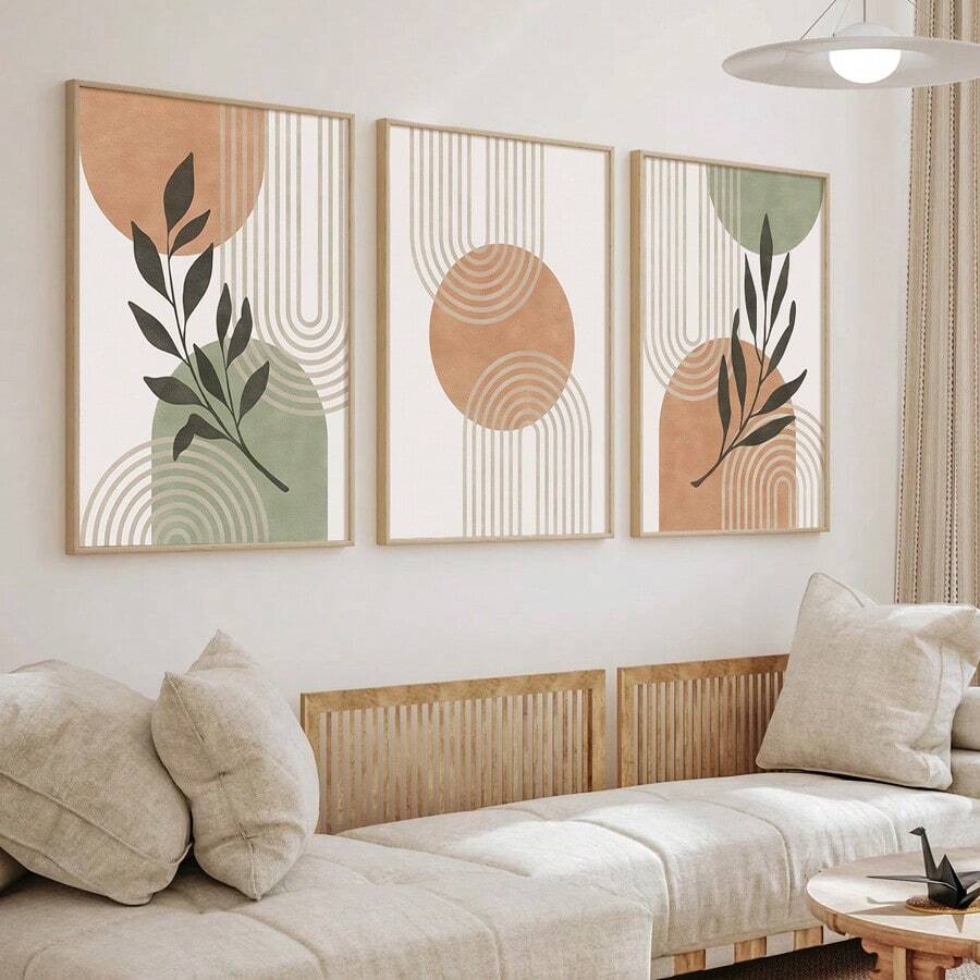 3Pcs Boho Abstract Geometric Canvas Wall Art, Neutral Earth Tone Arch Line Botanical Prints, Mid Century Modern Poster For Living Room Bedroom, Home Decoration, Posters & Prints, Frameless - 327 - View 1