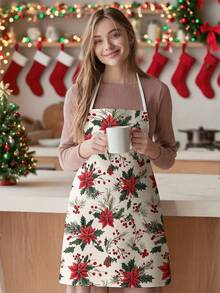 1pc Kitchen Apron, White Background Poinsettia Berry Pine Branch Plant Print Household Apron For Cooking Baking Dinner Gathering - Multicolor - View 1