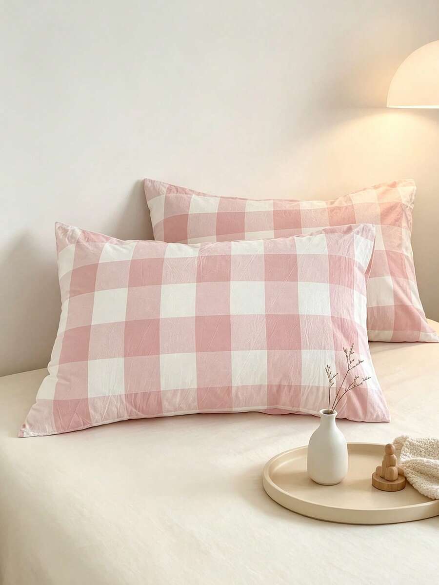 1 pieza Funda de almohada, funda de almohada de lino lavado teñido en hilo, textura natural, tacto natural, funda de almohada estilo sobre, patrón simple de rayas a cuadros. - Multicolor - Ver 1