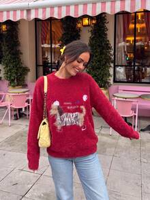 Women's Cute Plush Pattern Loose Pullover Sweater Top, Autumn/Winter Christmas Halloween Thanksgiving Weekend Outfit - Red - View 4