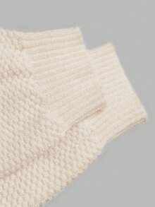 minisummer Women Fall Casual Cream High Neck Cable Knit Pullover, Textured Waffle Splice Loose Fit Long Sleeve Knitted Sweater - White - View 9