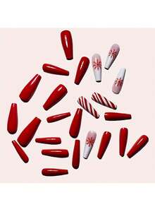 Women's Christmas Fake Nails Red & White Gradient Ballet Shape Long Classic Christmas Nail Art Pattern Red & White Striped White Gradient Snowflake Pattern Glossy Finish - Red - View 4